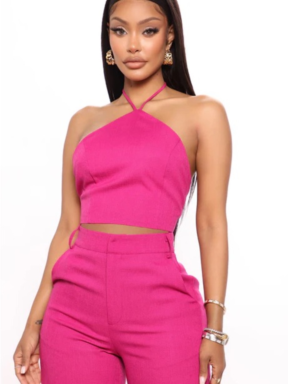 Hot Pink Halter Crop Top & High-Waist Pants Set
